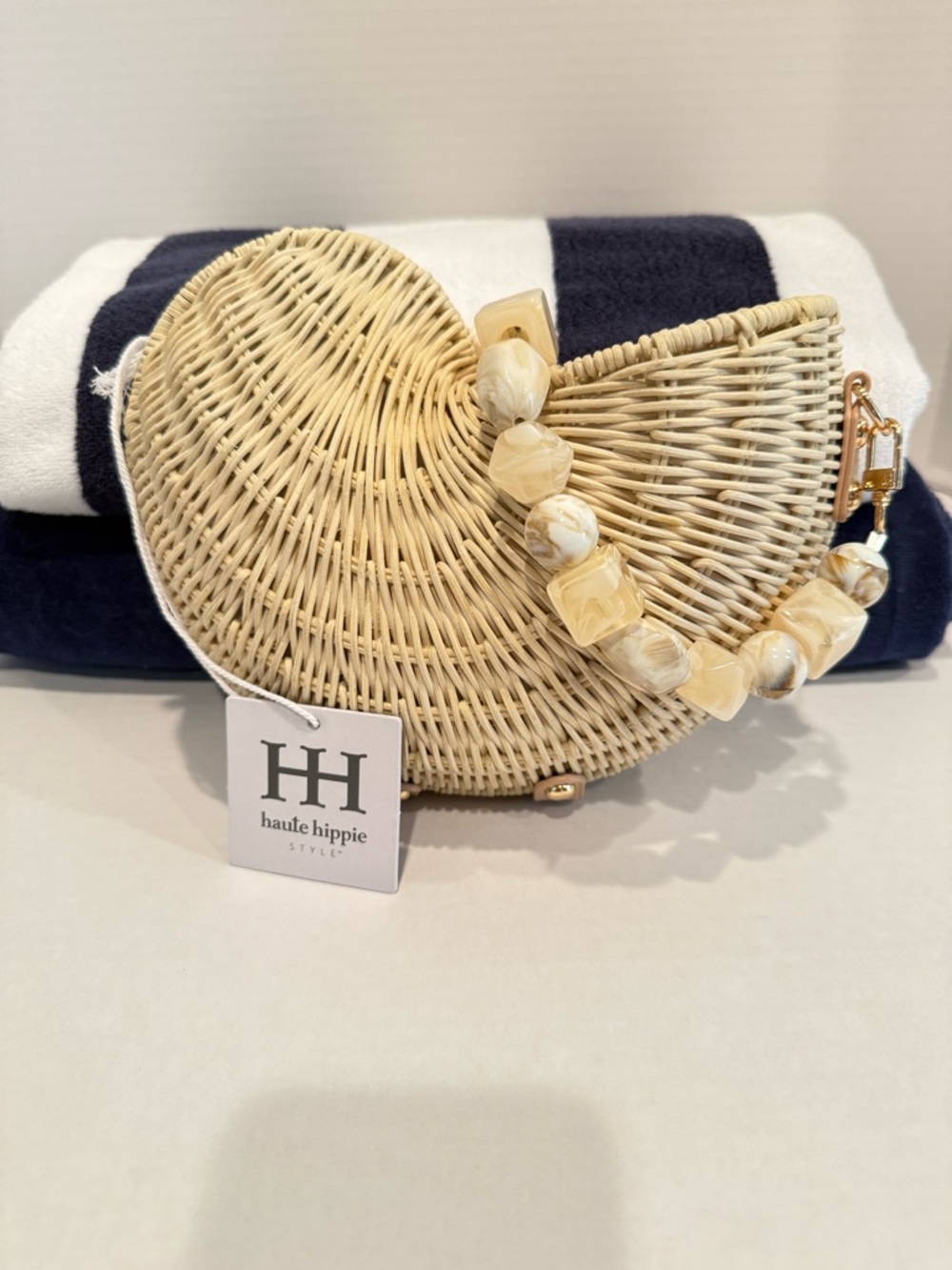 NEW Haute Hippie Conch Nautilus Cream Wicker with Pearl Beaded Handle
